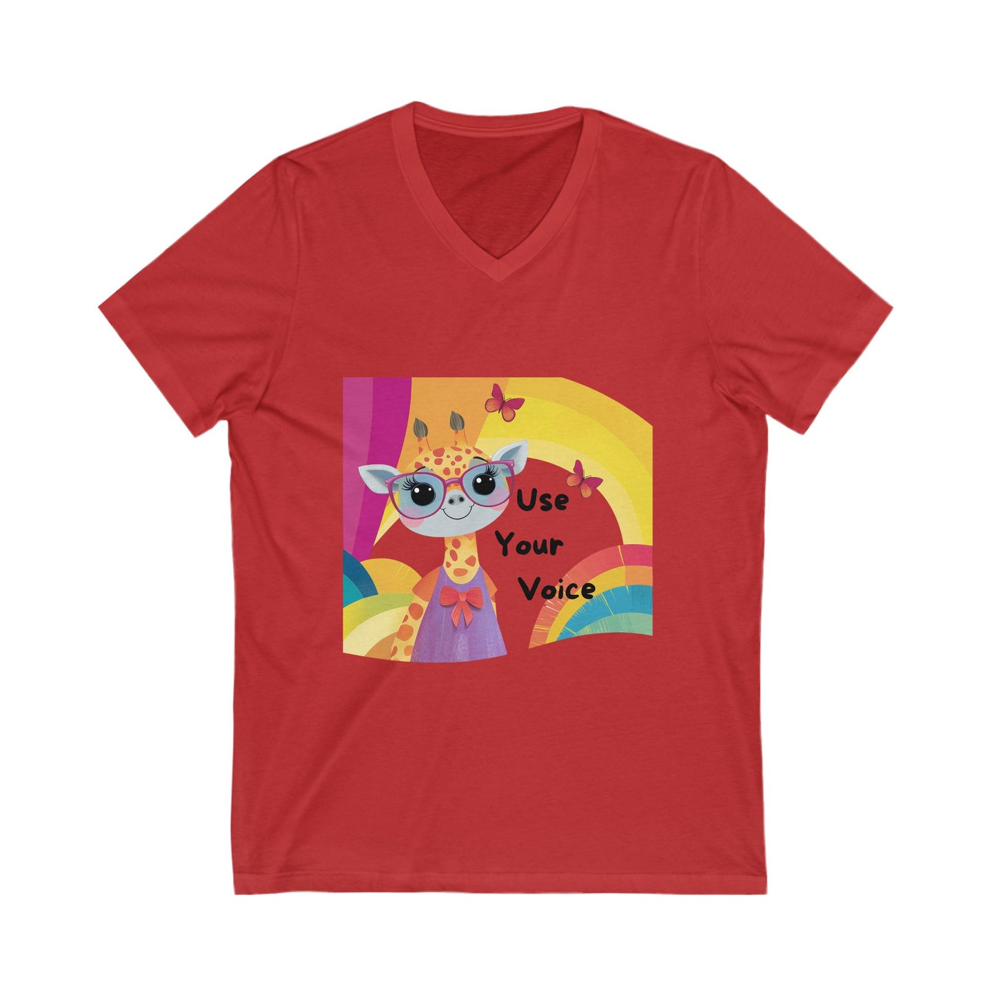 Kawaii Giraffe Empowerment V-Neck T-Shirt | Use Your Voice | Cute Activist Rainbow Design
