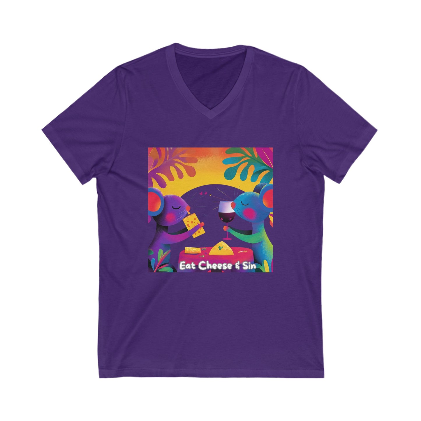 Eat Cheese & Sin V-Neck Tee | Cute Activism Purple Unisex T-Shirt