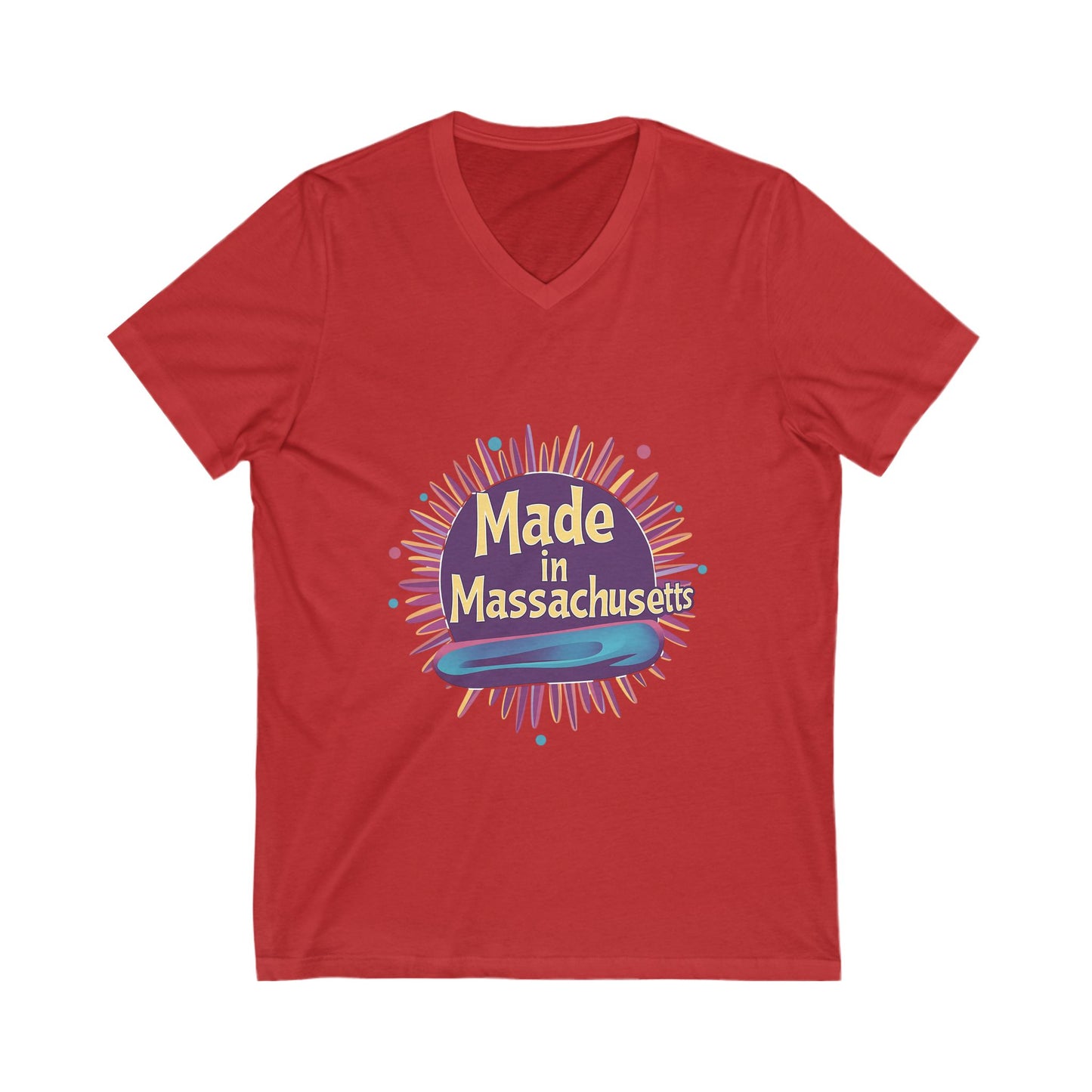 Made in Massachusetts V-Neck T-Shirt | Retro Burst Design | State Pride Unisex Tee