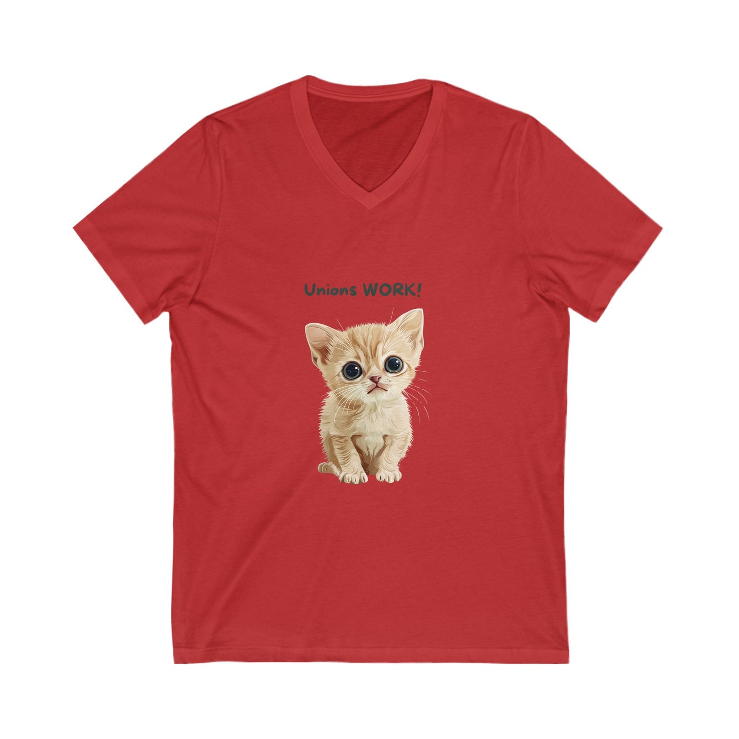 Unions Work Kitten V-Neck T-Shirt | Cute Activist Cat Labor Rights Tee
