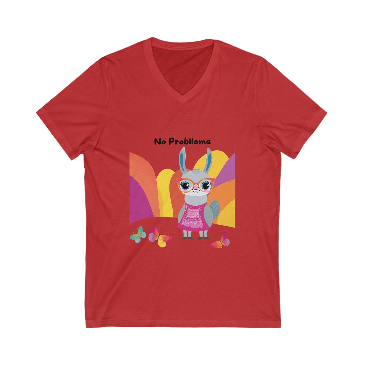 No Probllama Kawaii Bunny V-Neck | Cute Rainbow Positivity Tee