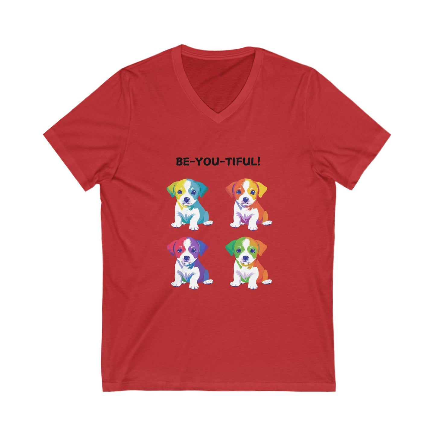 BE-YOU-TIFUL Rainbow Puppies V-Neck T-Shirt | LGBTQ+ Pet Lover Pride Tee