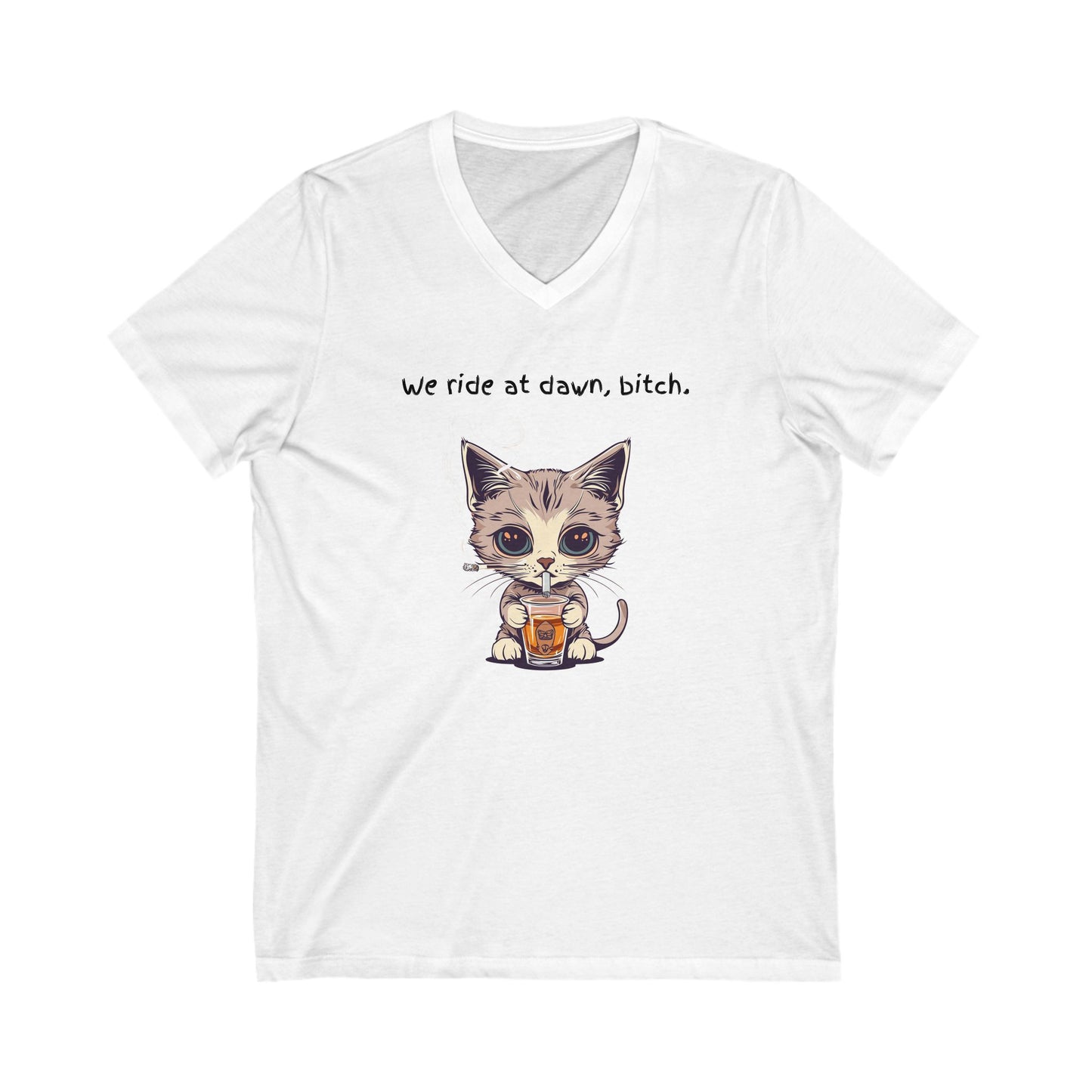 Dawn Rider Cat V-Neck Tee | Coffee Loving Kitten | Funny Cat Shirt