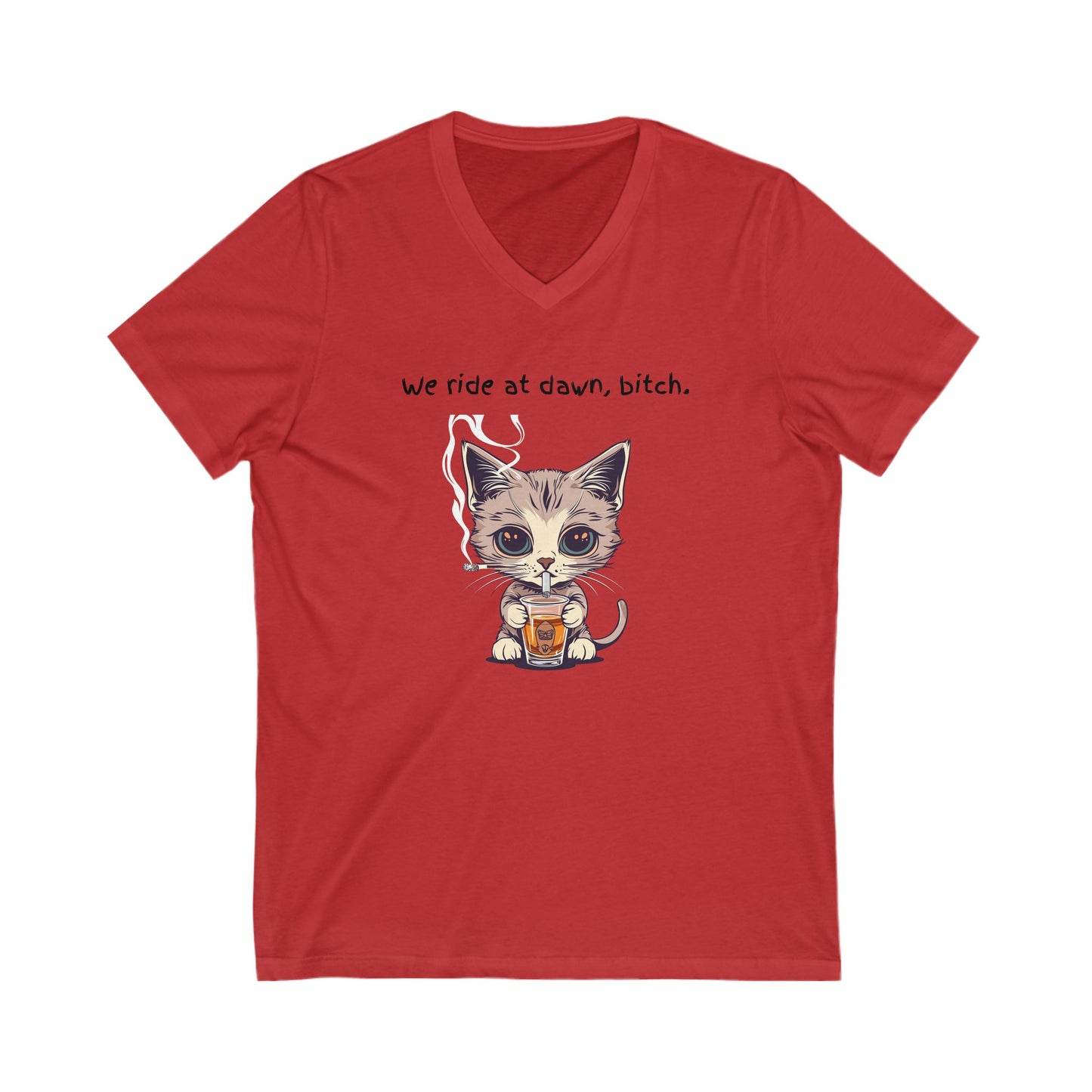 Dawn Rider Cat V-Neck Tee | Coffee Loving Kitten | Funny Cat Shirt