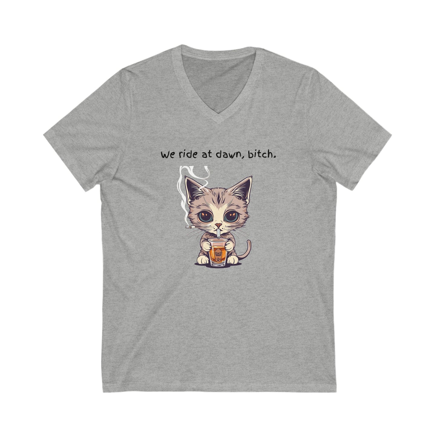 Dawn Rider Cat V-Neck Tee | Coffee Loving Kitten | Funny Cat Shirt