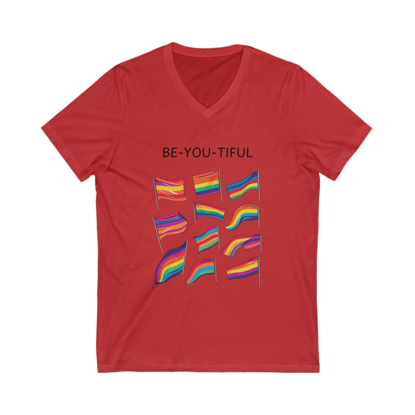 BE-YOU-TIFUL Pride Flag V-Neck T-Shirt | LGBTQ+ Rainbow Design | Inclusive Message Tee