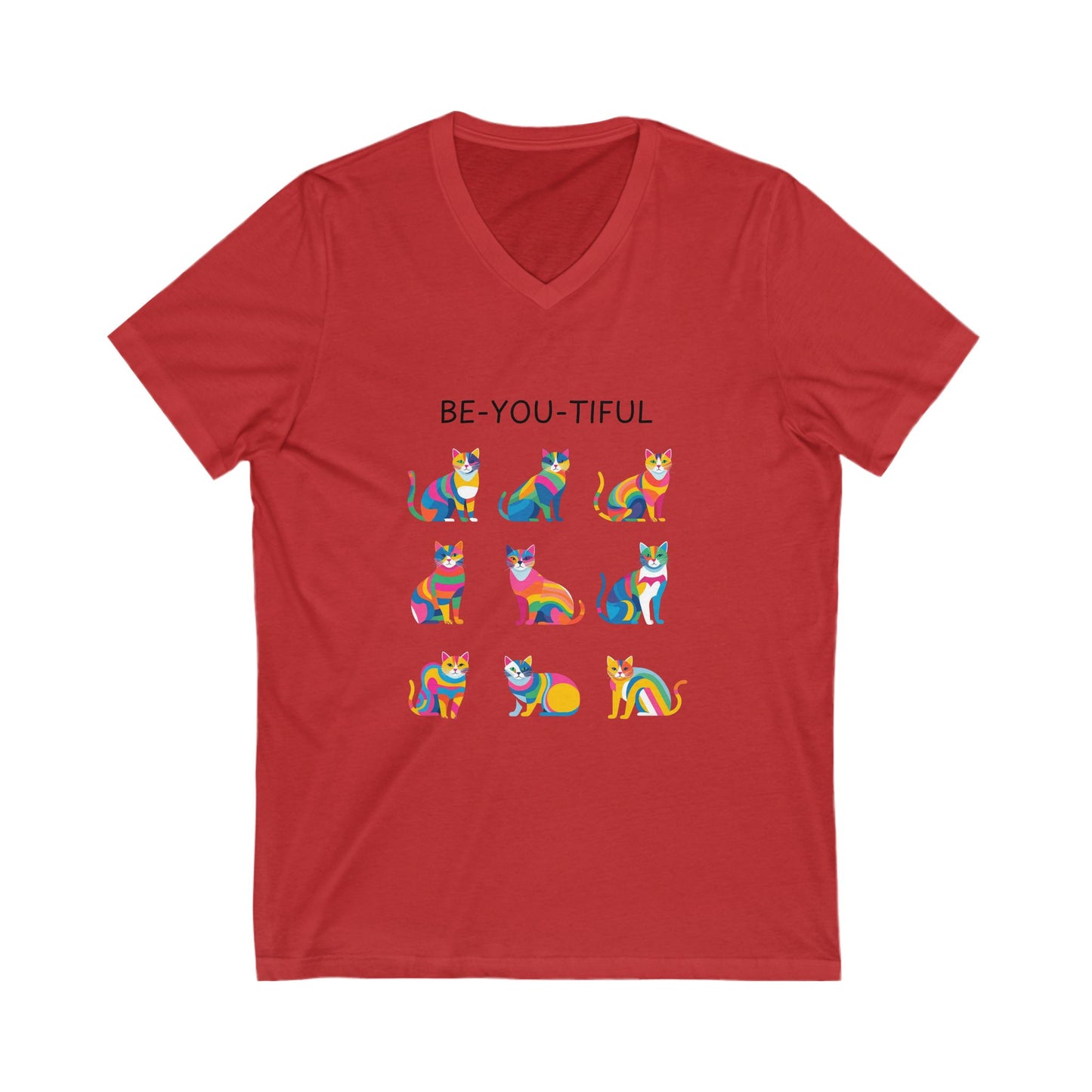 Be-You-Tiful Rainbow Cat V-Neck T-Shirt | LGBTQ+ Pride Pet Lover Gift | Geometric Animal Art Unisex Tee