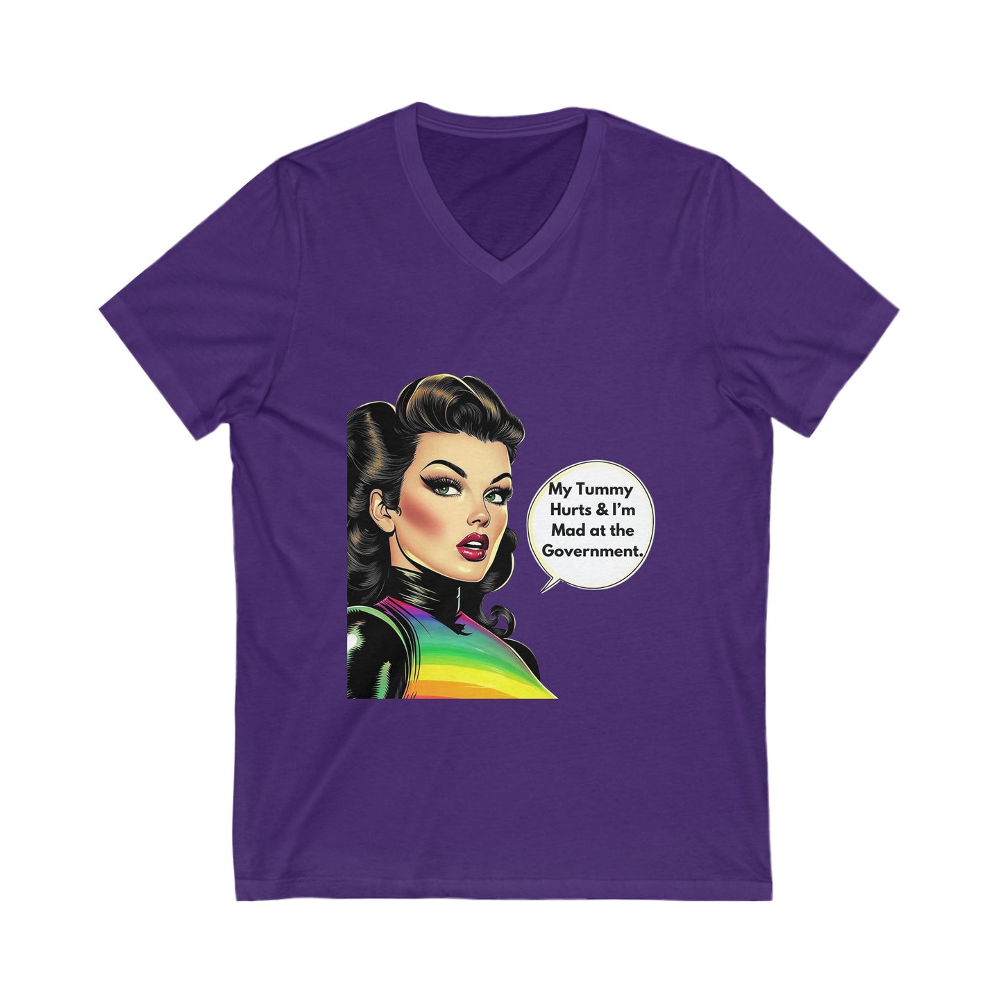 Retro Pin-Up "Mad at Government" V-Neck Tee | Vintage Activist Rainbow T-Shirt