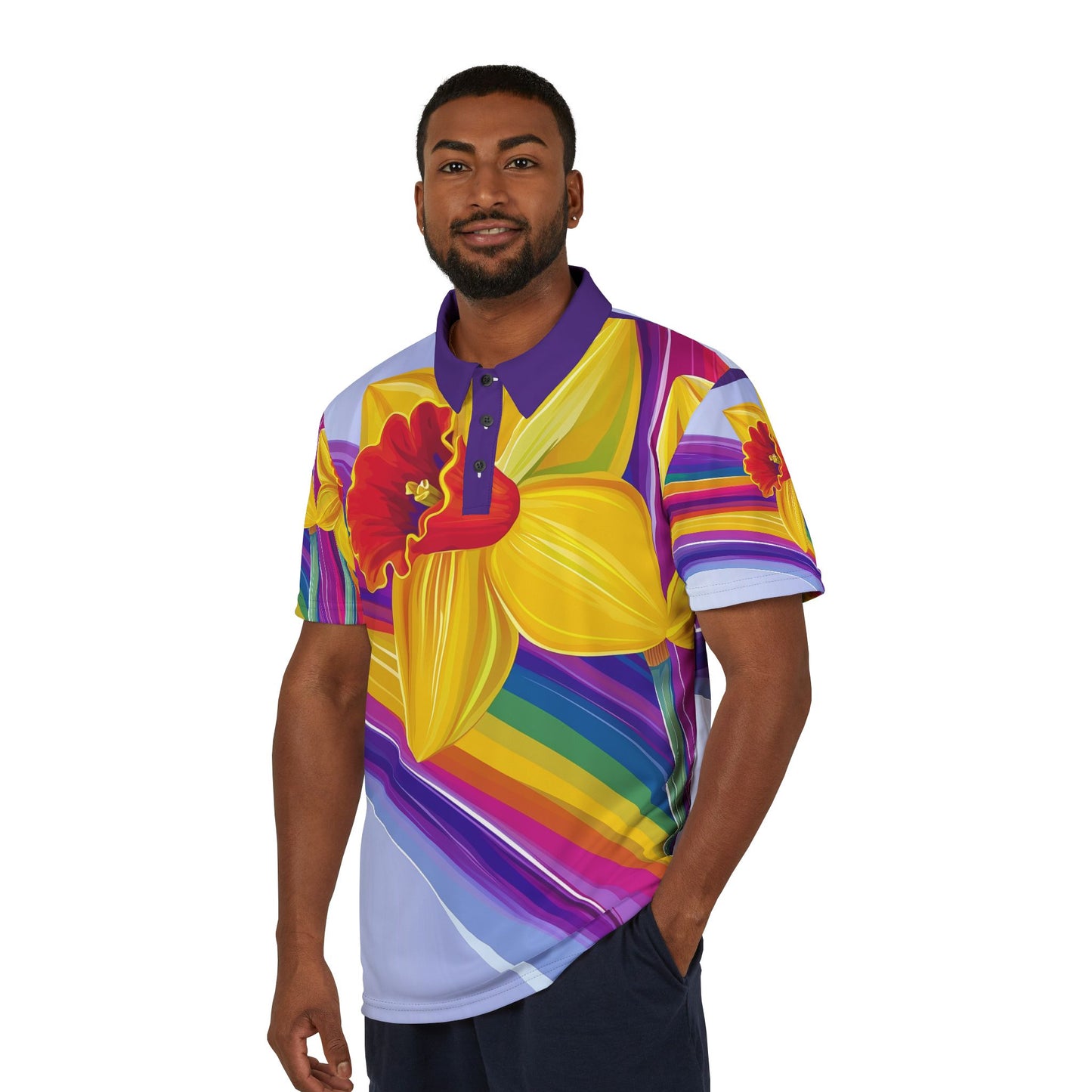 Rainbow Daffodil Pride Polo Shirt | LGBTQ+ Floral Design