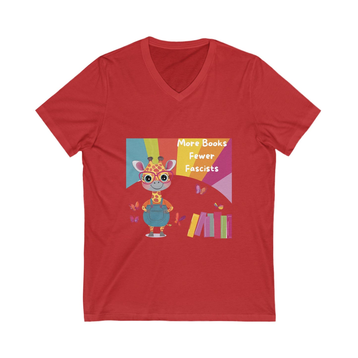 Kawaii Giraffe Reading Anti-Fascist V-Neck T-Shirt | Cute Activist Tee