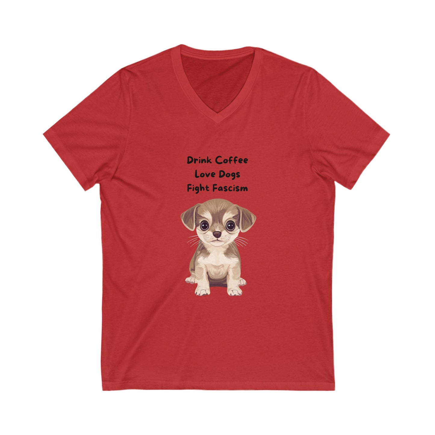 Anti-Fascist Puppy V-Neck T-Shirt | Cute Coffee & Dogs Activism Tee