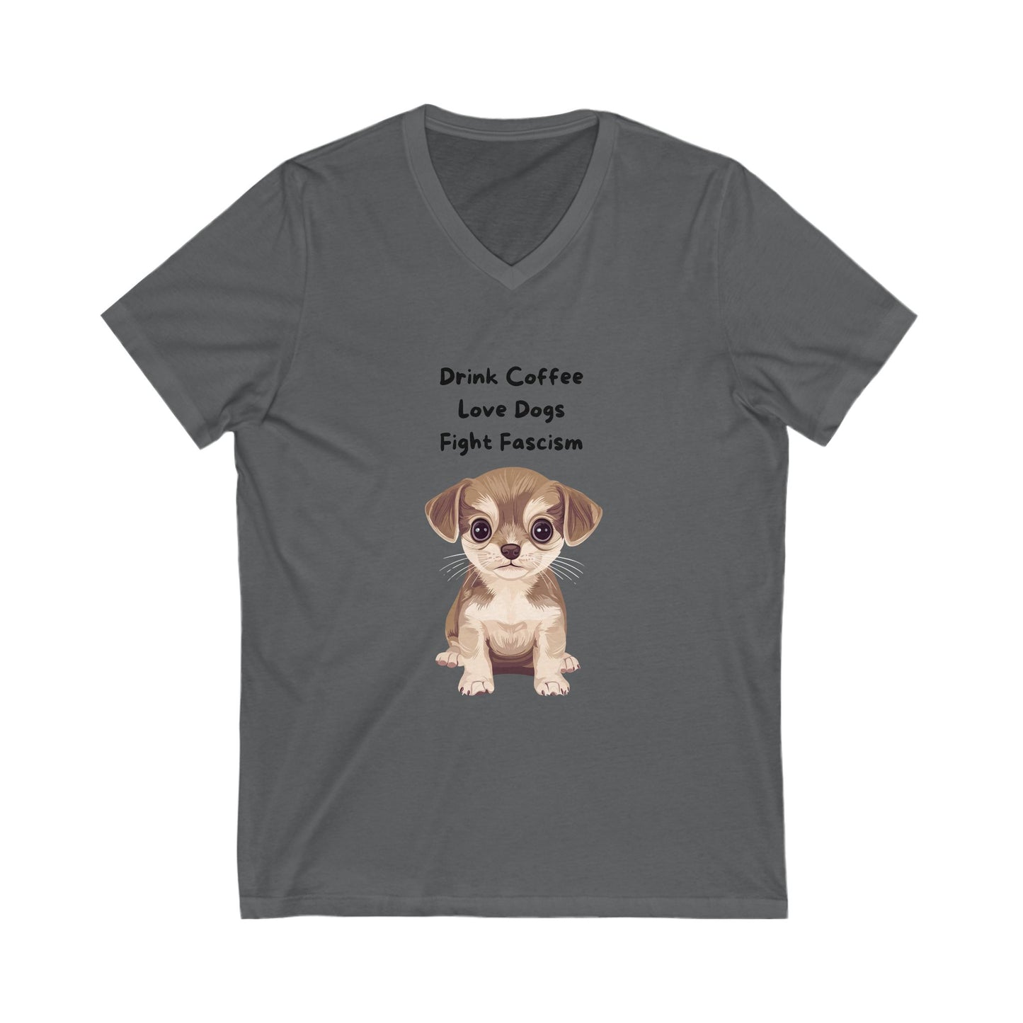 Anti-Fascist Puppy V-Neck T-Shirt | Cute Coffee & Dogs Activism Tee