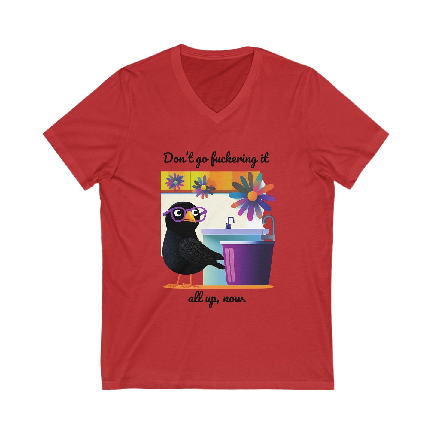 Funny Crow V-Neck T-Shirt | Cute Bird Coffee Lover Gift | Kawaii Animal Unisex Tee