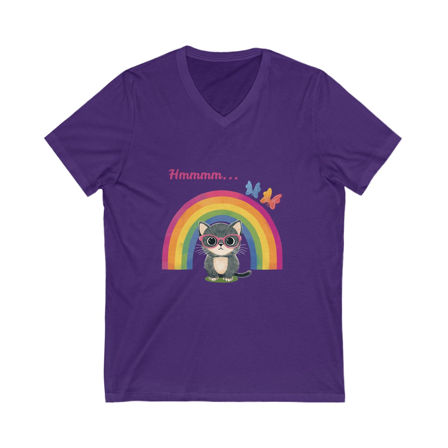 Kawaii Cat Rainbow V-Neck T-Shirt | LGBTQ+ Pride Butterfly Design | Cute Unisex Tee