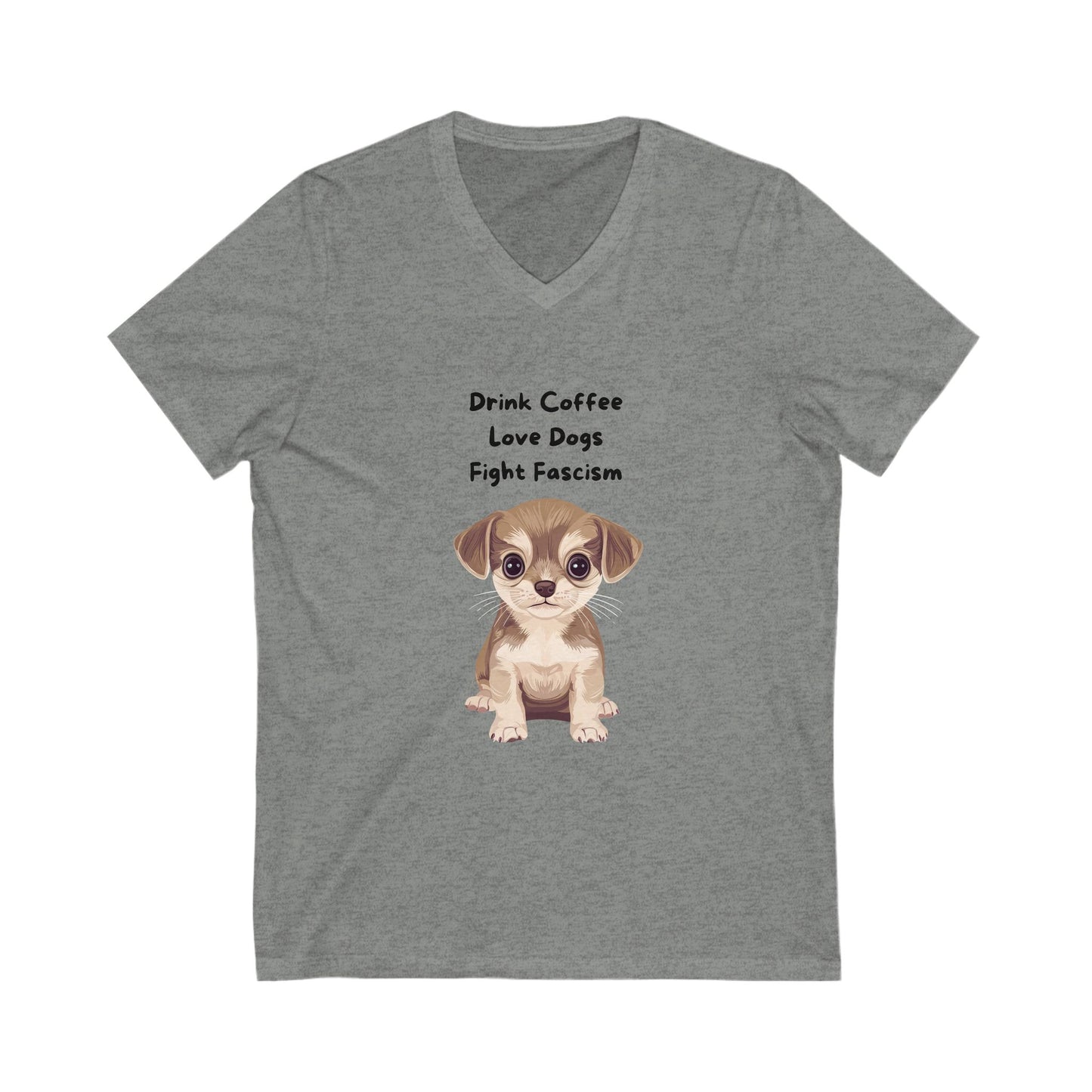 Anti-Fascist Puppy V-Neck T-Shirt | Cute Coffee & Dogs Activism Tee