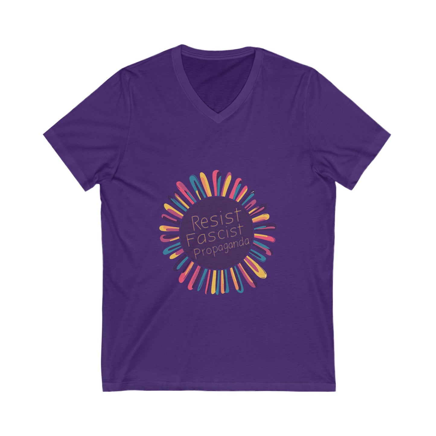 Resist Fascist Propaganda V-Neck | Cute Activist Rainbow Burst Unisex Tee