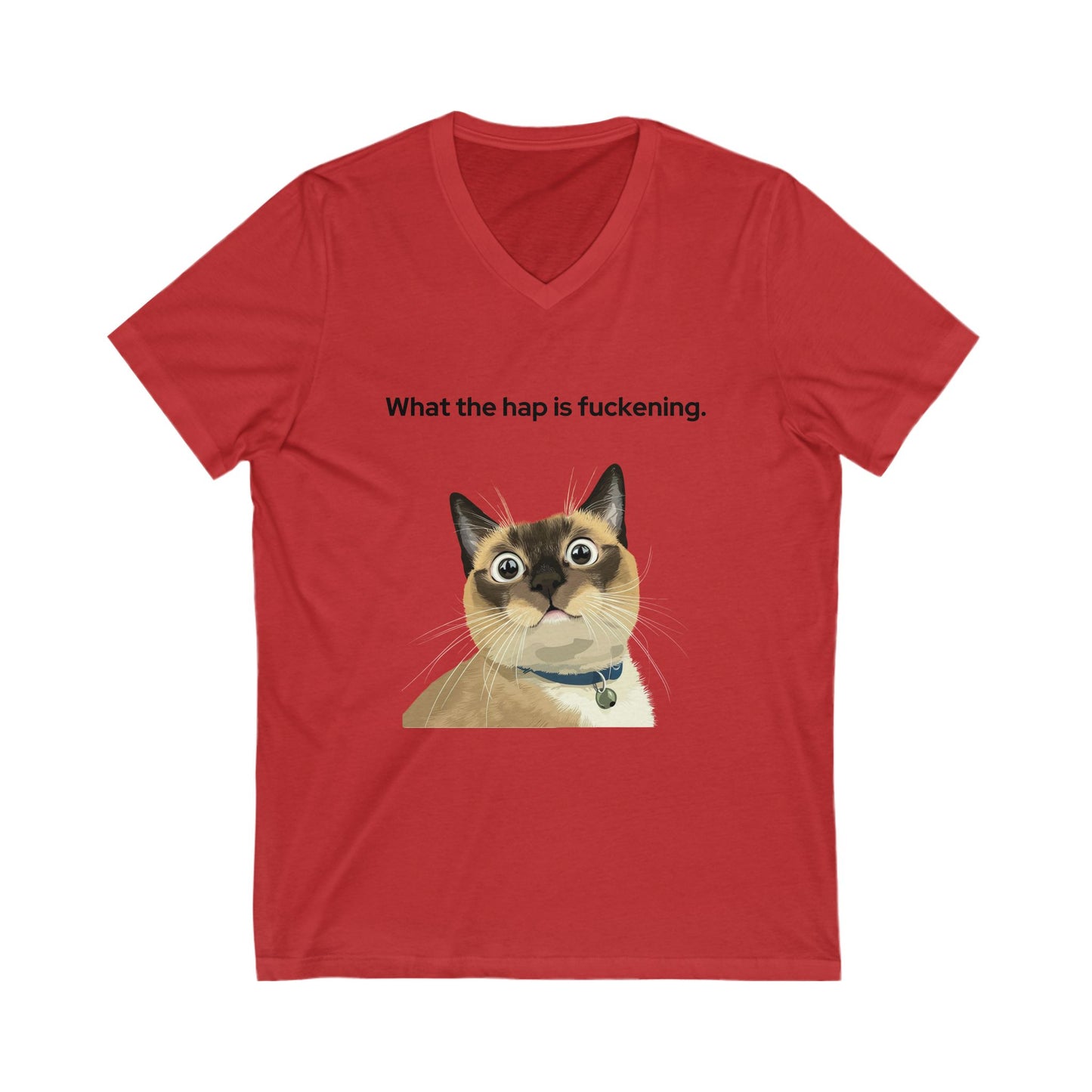 Funny Cat Meme V-Neck T-Shirt | What The Hap Siamese Cat Unisex Tee
