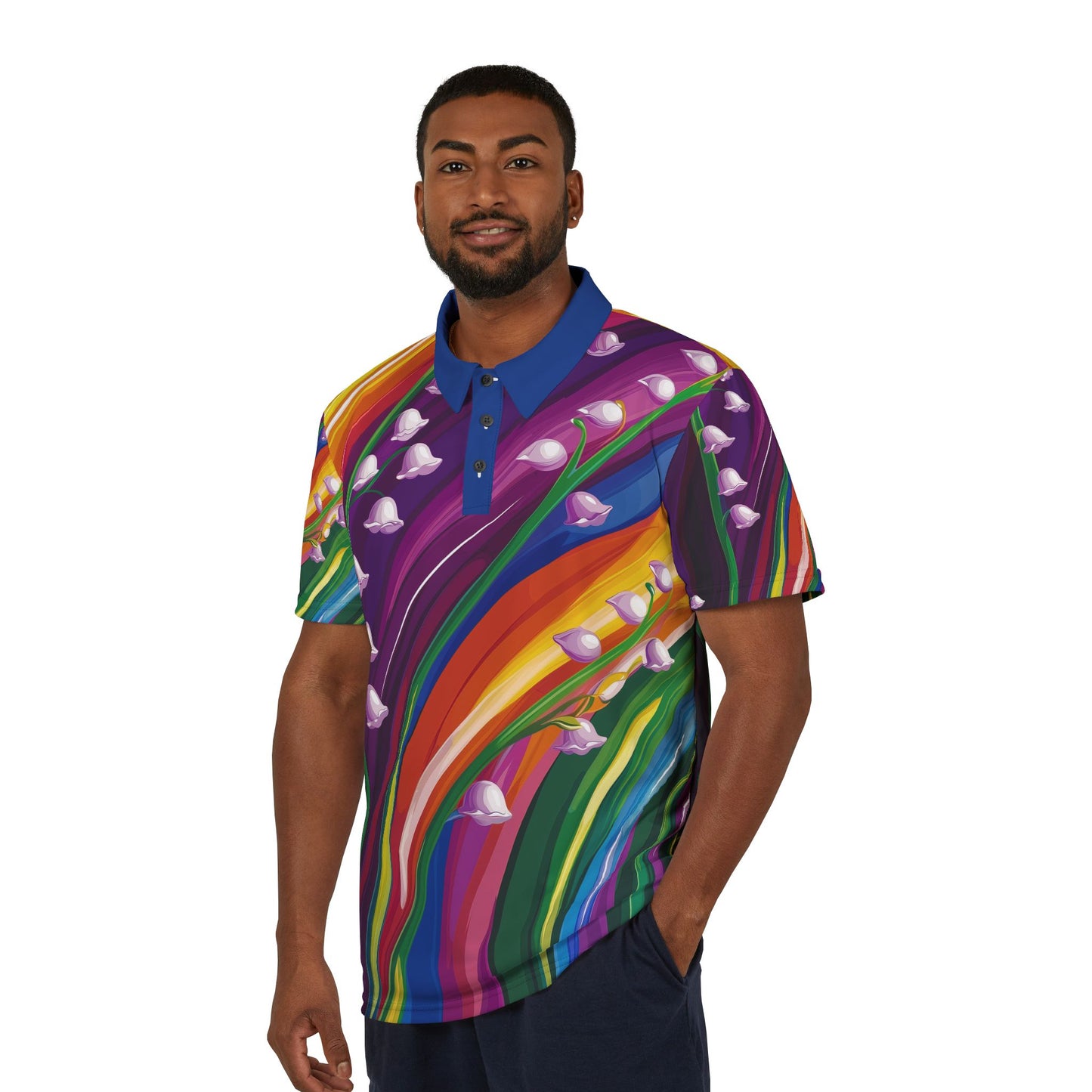 Rainbow Lily Valley Pride Polo Shirt | LGBTQ+ Floral Design