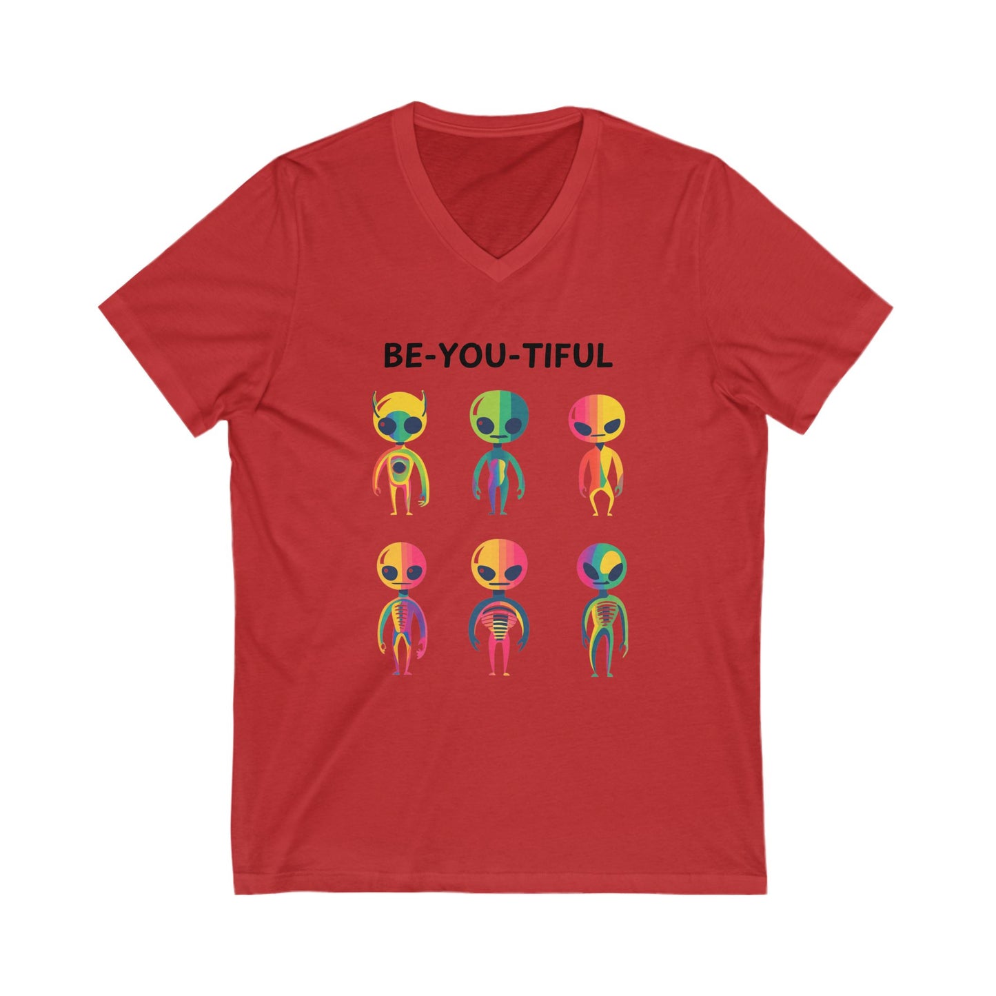 BE-YOU-TIFUL Rainbow Alien V-Neck T-Shirt | LGBTQ+ Pride Kawaii Unisex Tee