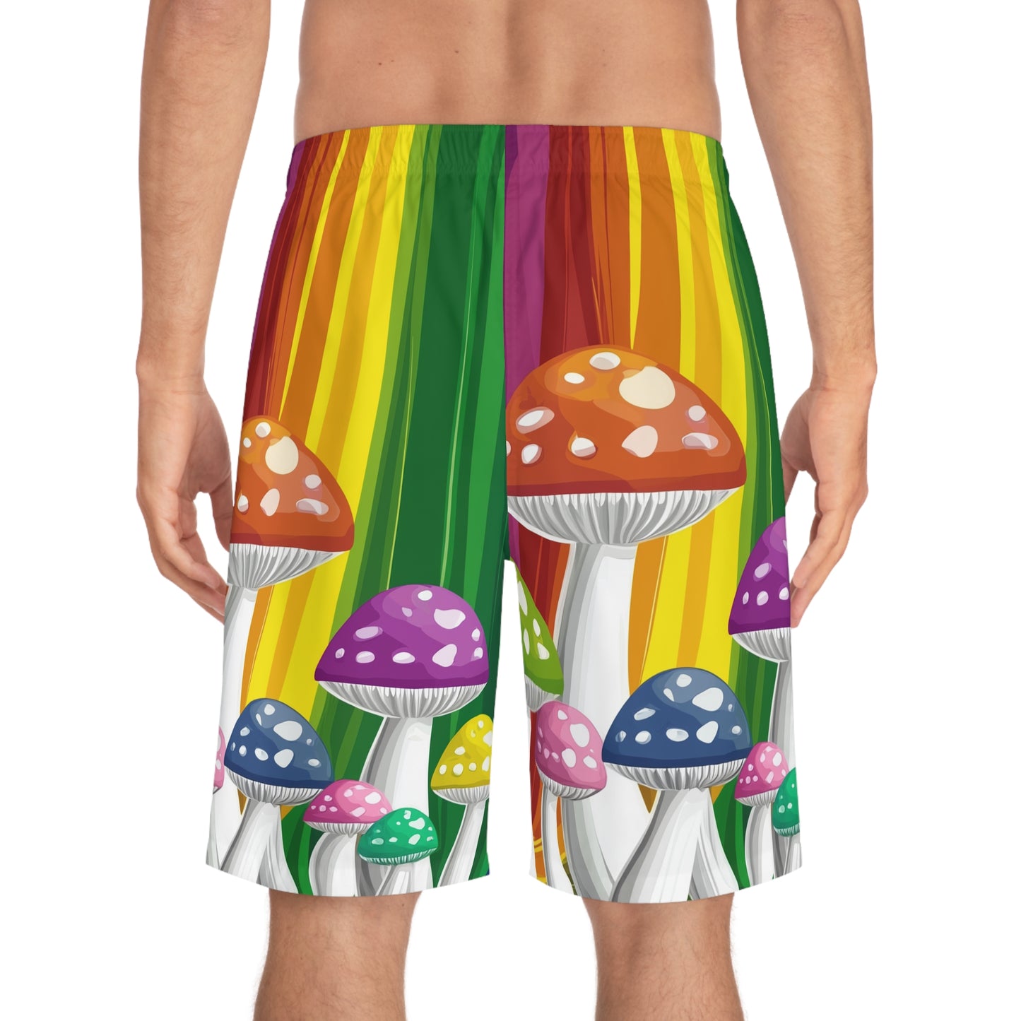 Rainbow Mushroom Pride Men's Board Shorts | Psychedelic Festival Swim Trunks