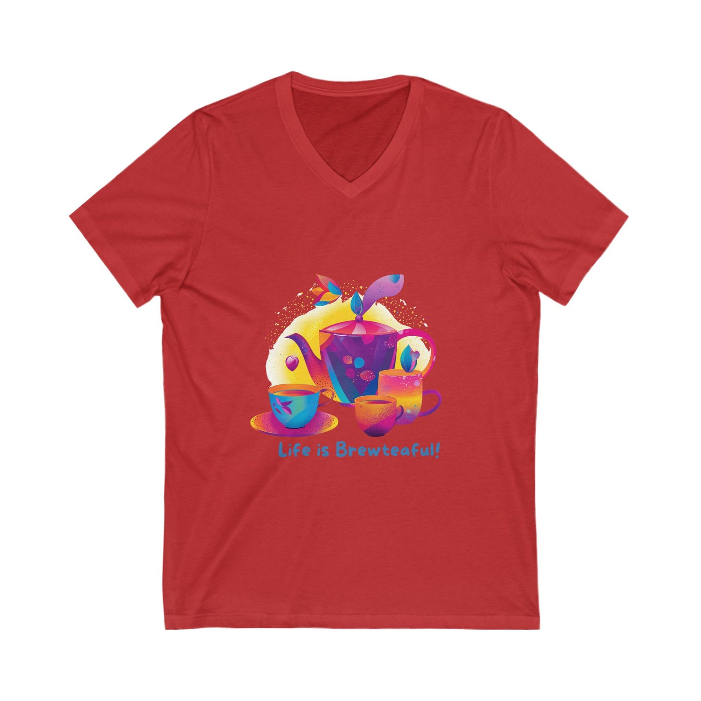 Life is Brewteaful V-Neck Tee | Kawaii Coffee Tea Lover Gift | Colorful Cup Design