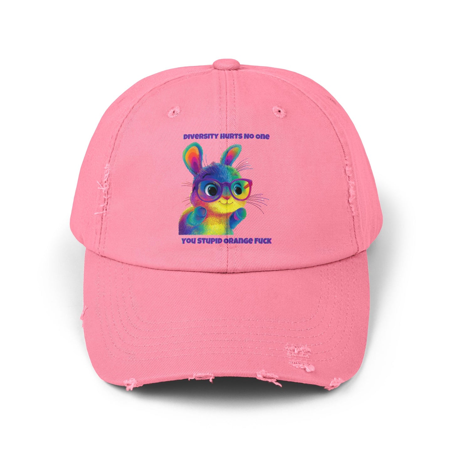 Rainbow Bunny Diversity Dad Hat | Pink Distressed Cap | LGBTQ+ Pride Statement