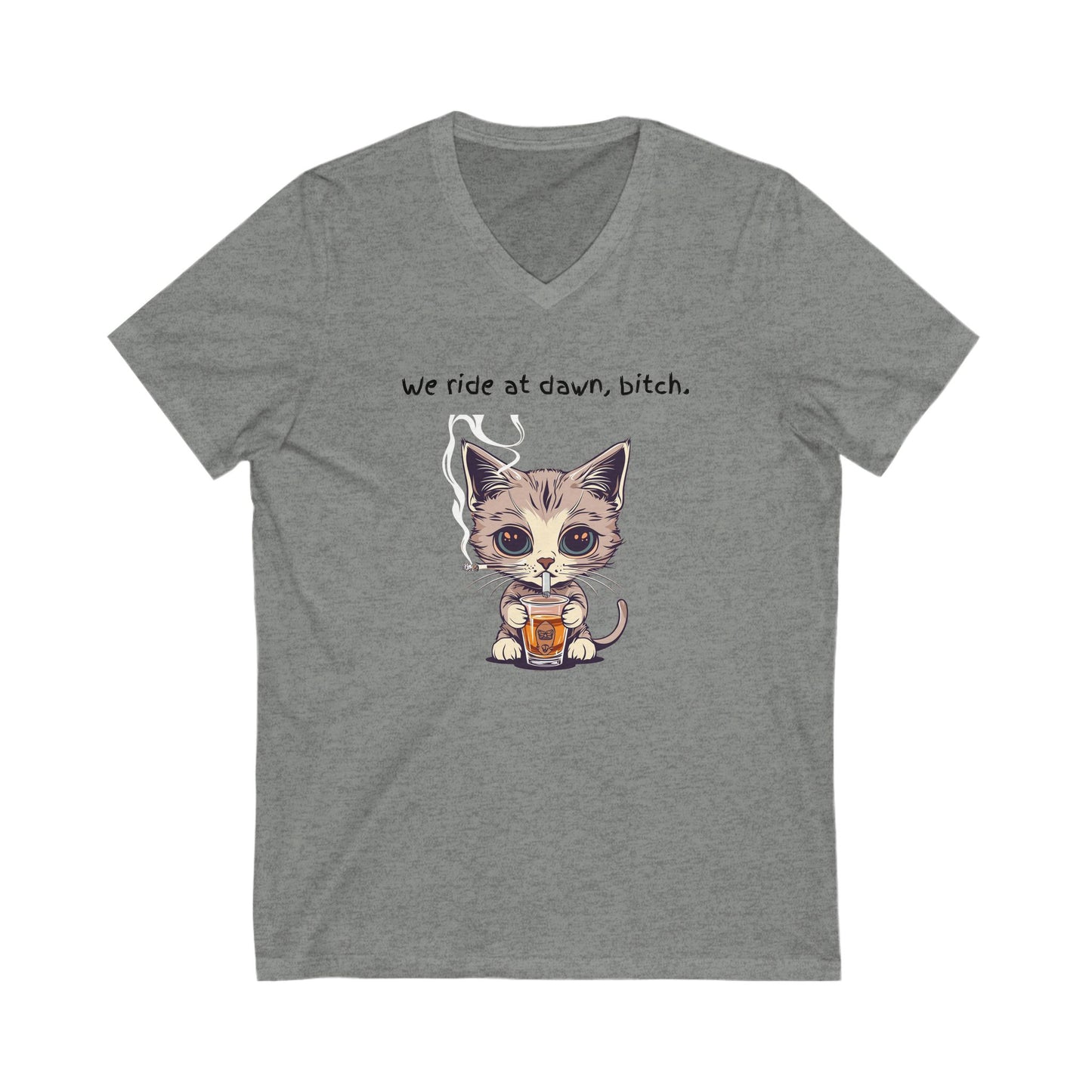 Dawn Rider Cat V-Neck Tee | Coffee Loving Kitten | Funny Cat Shirt