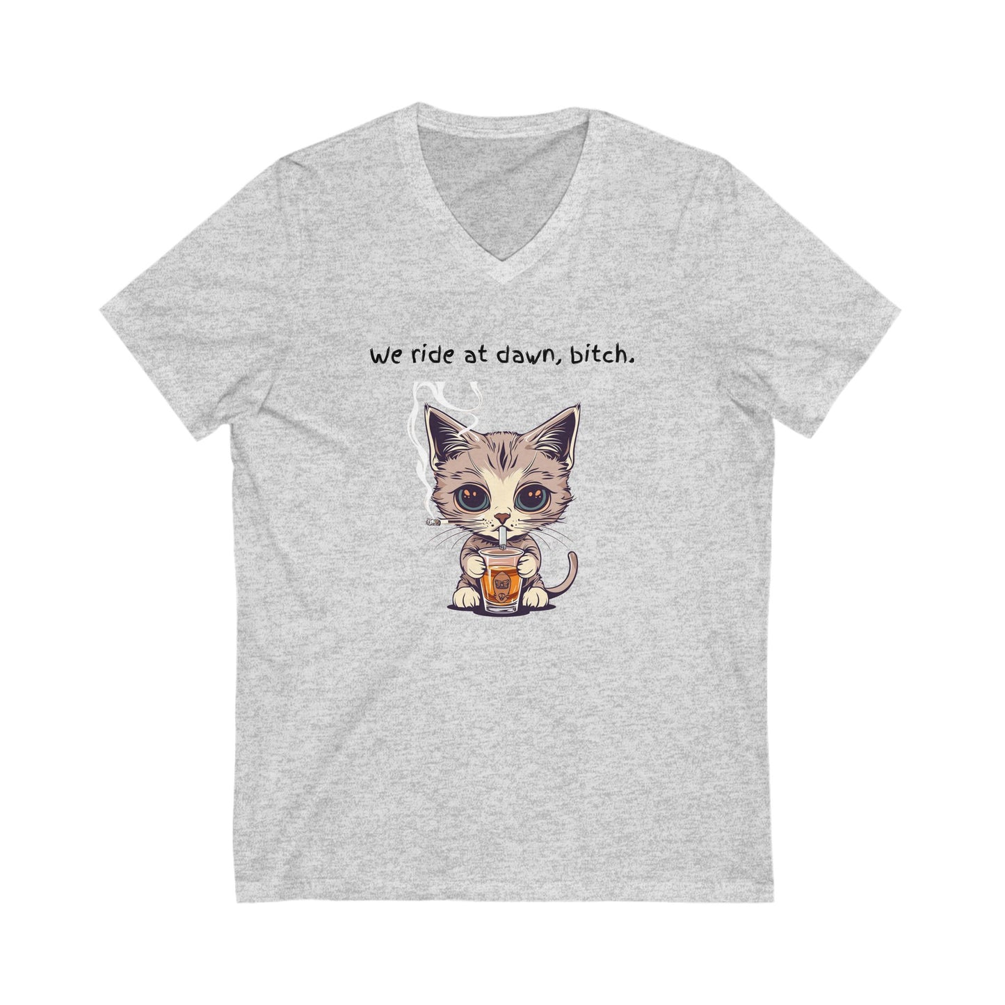 Dawn Rider Cat V-Neck Tee | Coffee Loving Kitten | Funny Cat Shirt