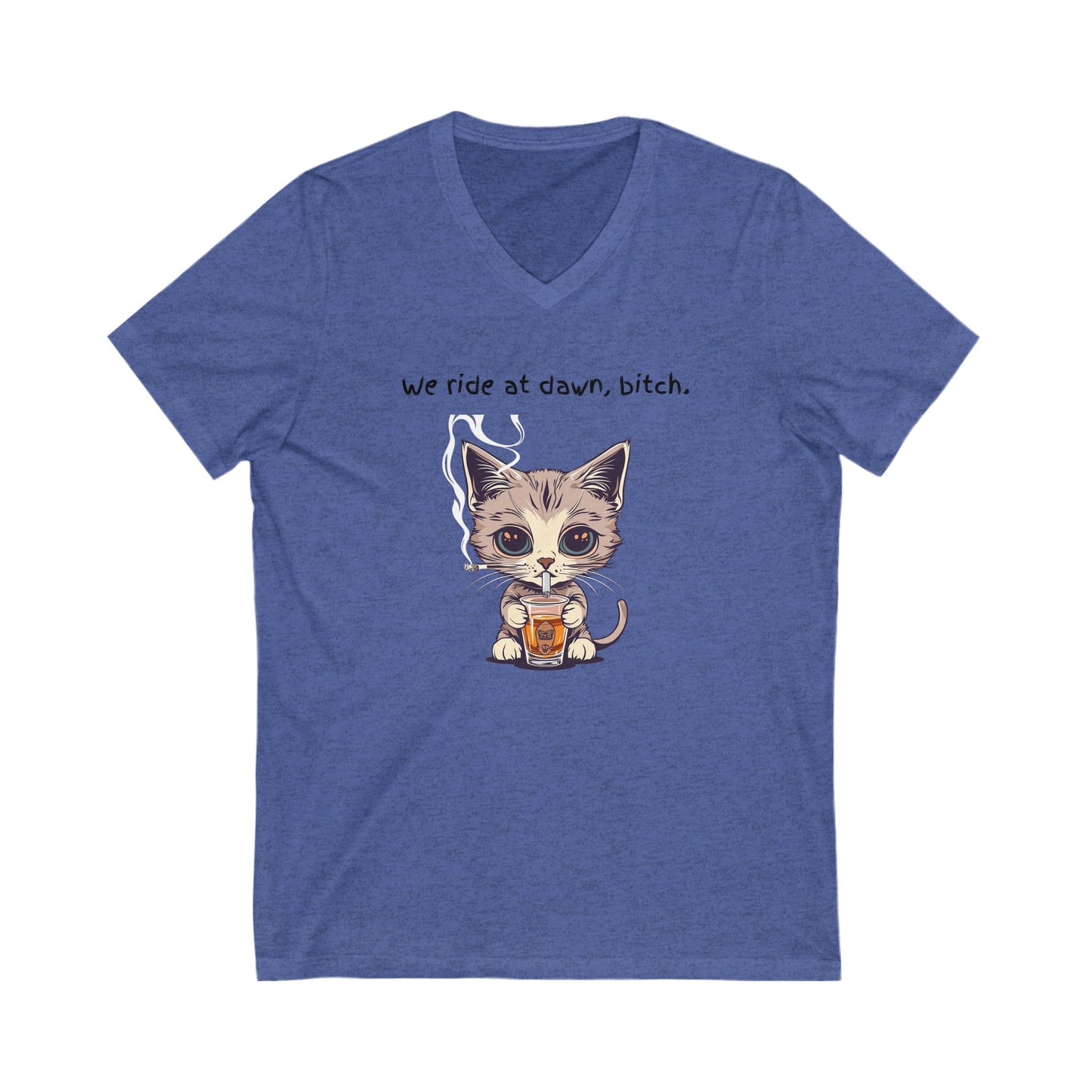 Dawn Rider Cat V-Neck Tee | Coffee Loving Kitten | Funny Cat Shirt