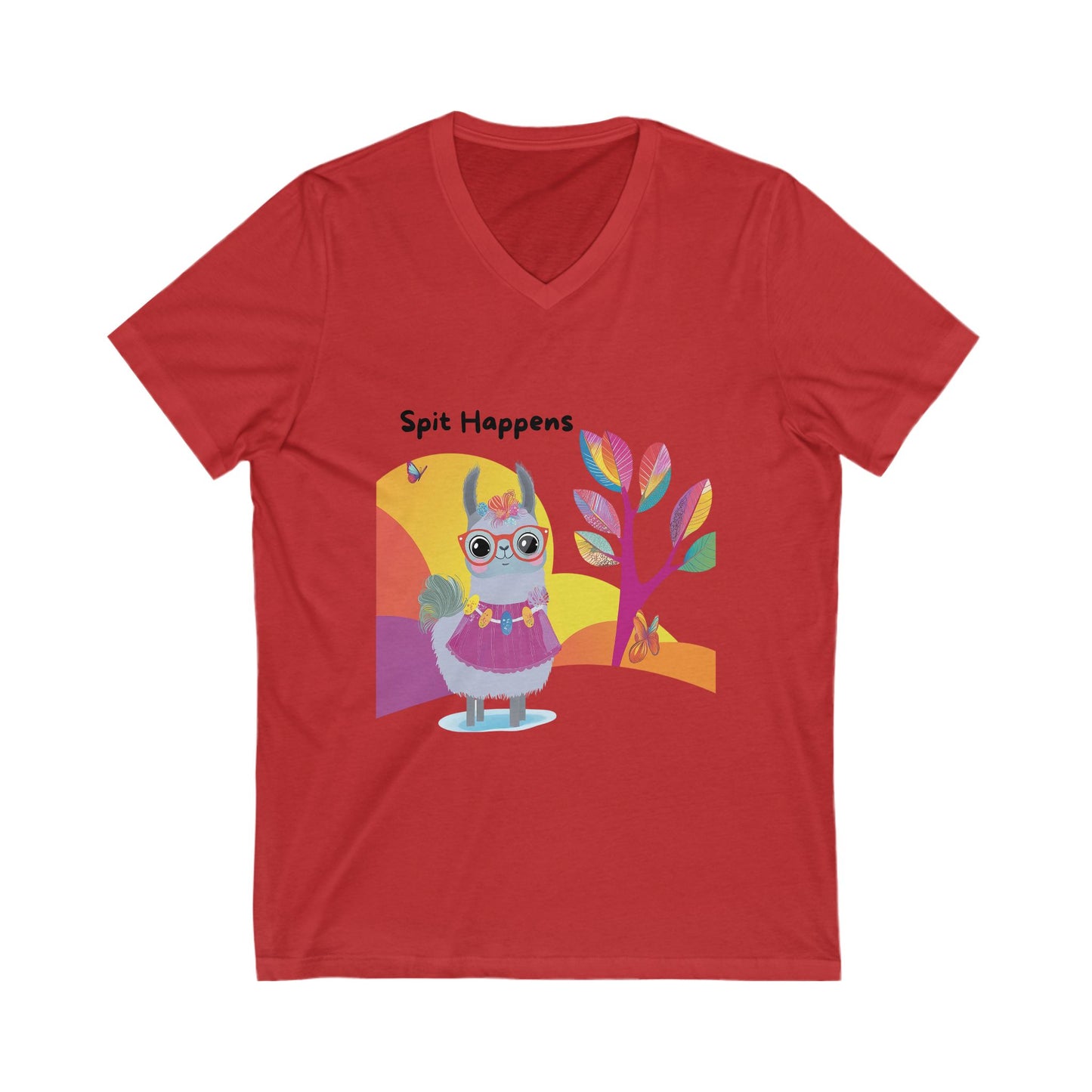 Spit Happens Kawaii Llama V-Neck T-Shirt | Cute Whimsical Animal Unisex Tee