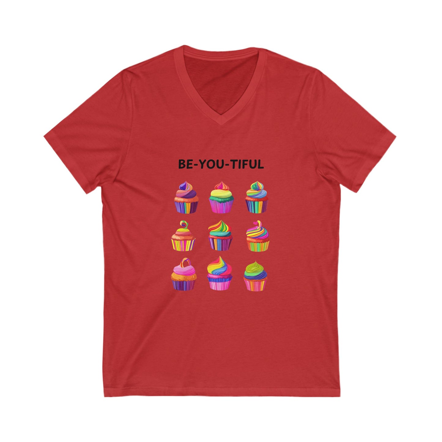 BE-YOU-TIFUL Rainbow Cupcake V-Neck | Kawaii Self-Love Tee | Body Positive Unisex T-Shirt