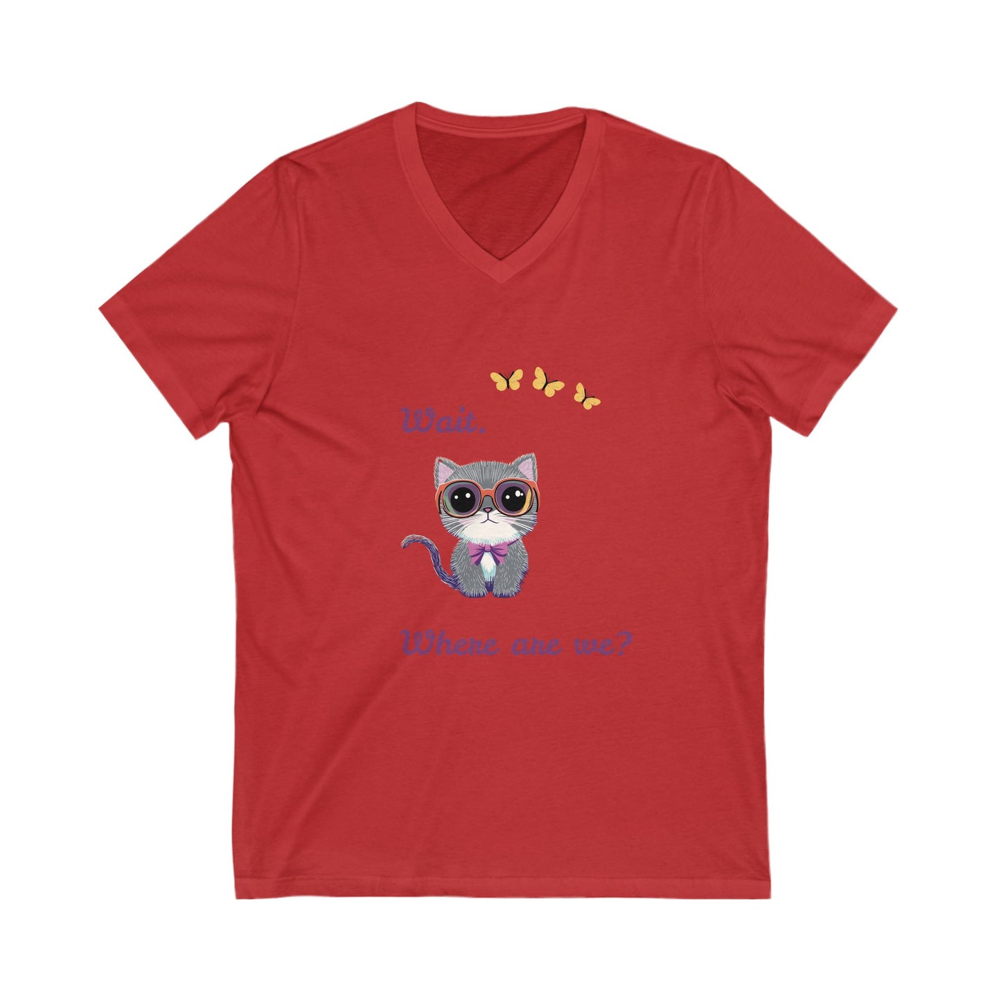 Curious Cat V-Neck T-Shirt | Kawaii Kitten Question Design | Butterfly Pet Tee