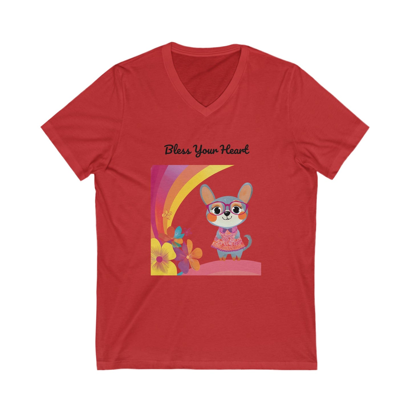 Bless Your Heart Kawaii Bunny V-Neck | Rainbow Floral Design | Cute Animal Tee