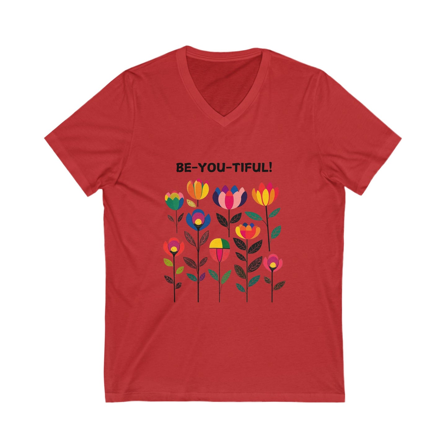 BE-YOU-TIFUL Pride Flower V-Neck | LGBTQ+ Empowerment Tee | Rainbow Garden Design