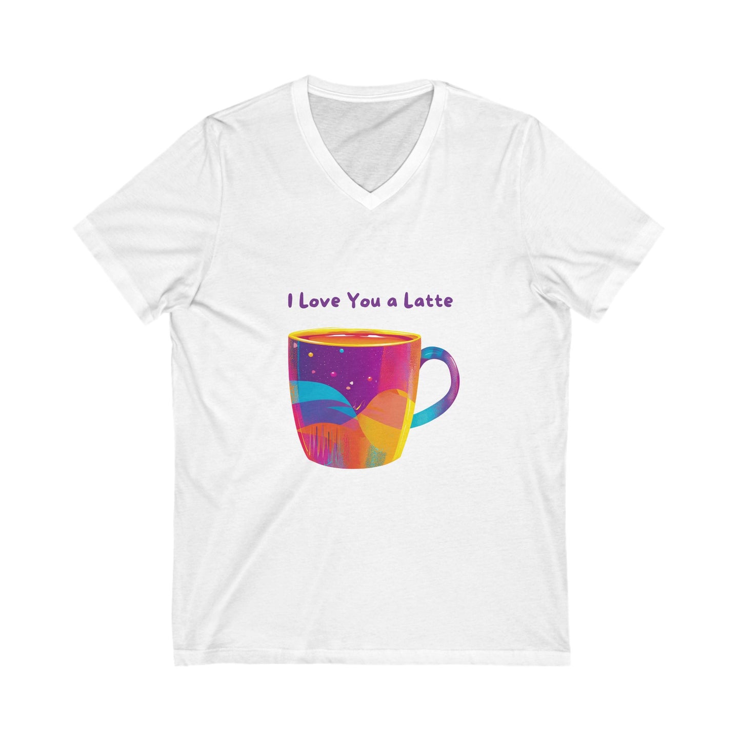 I Love You a Latte V-Neck T-Shirt | Kawaii Coffee Cup Rainbow Design | Unisex Tee