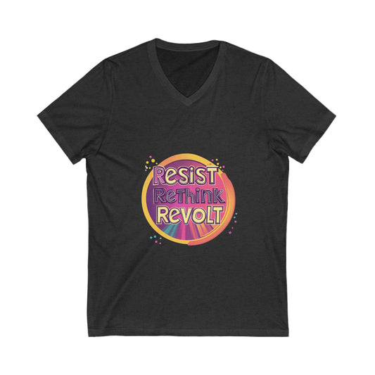 Resist Rethink Revolt V-Neck T-Shirt | Retro Activist Circle Design | Progressive Unisex Tee