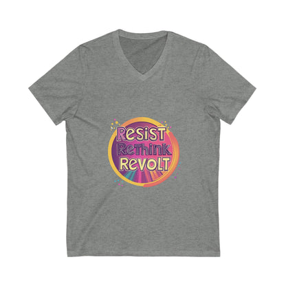 Resist Rethink Revolt V-Neck T-Shirt | Retro Activist Circle Design | Progressive Unisex Tee