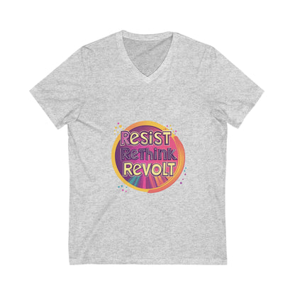 Resist Rethink Revolt V-Neck T-Shirt | Retro Activist Circle Design | Progressive Unisex Tee