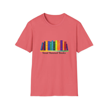 Read Banned Books Rainbow Bookshelf T-Shirt | Literary Activism Tee