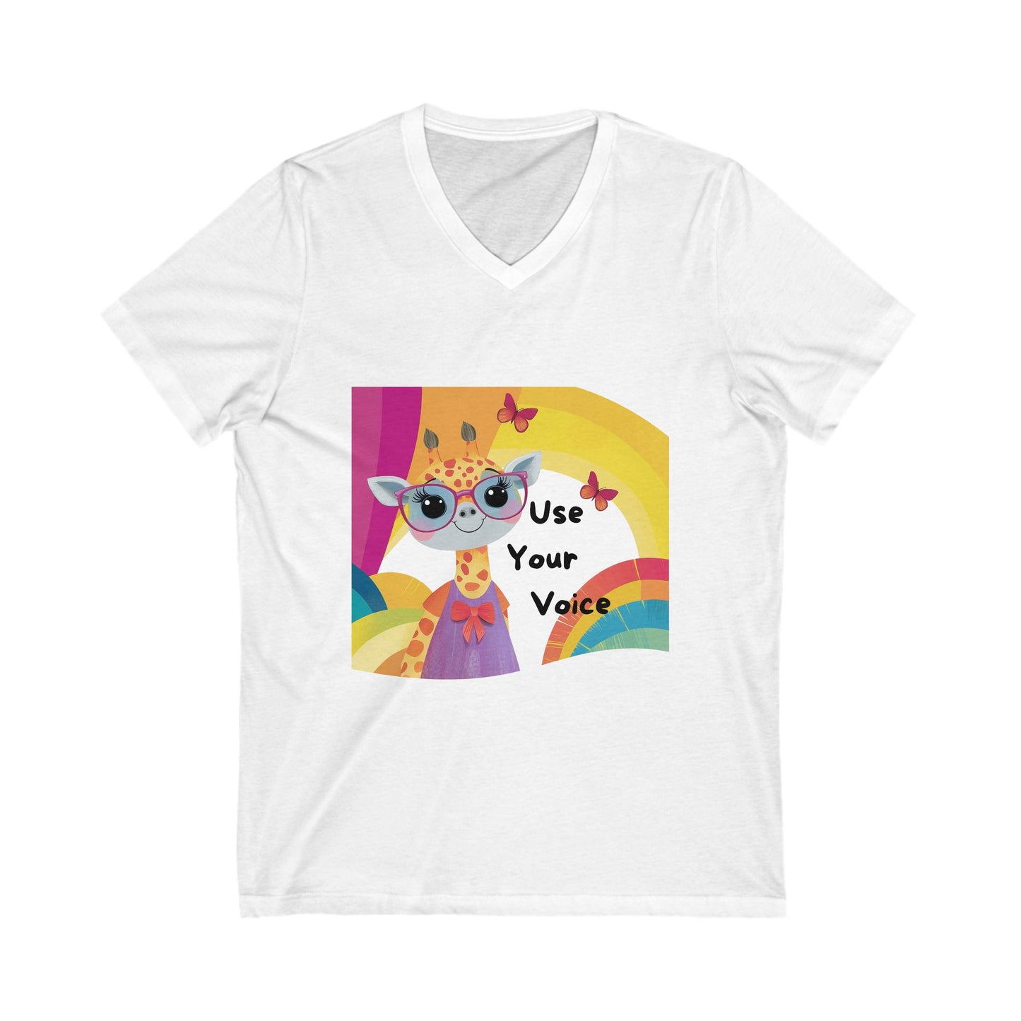 Kawaii Giraffe Empowerment V-Neck T-Shirt | Use Your Voice | Cute Activist Rainbow Design