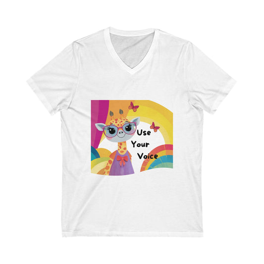 Kawaii Giraffe Empowerment V-Neck T-Shirt | Use Your Voice | Cute Activist Rainbow Design