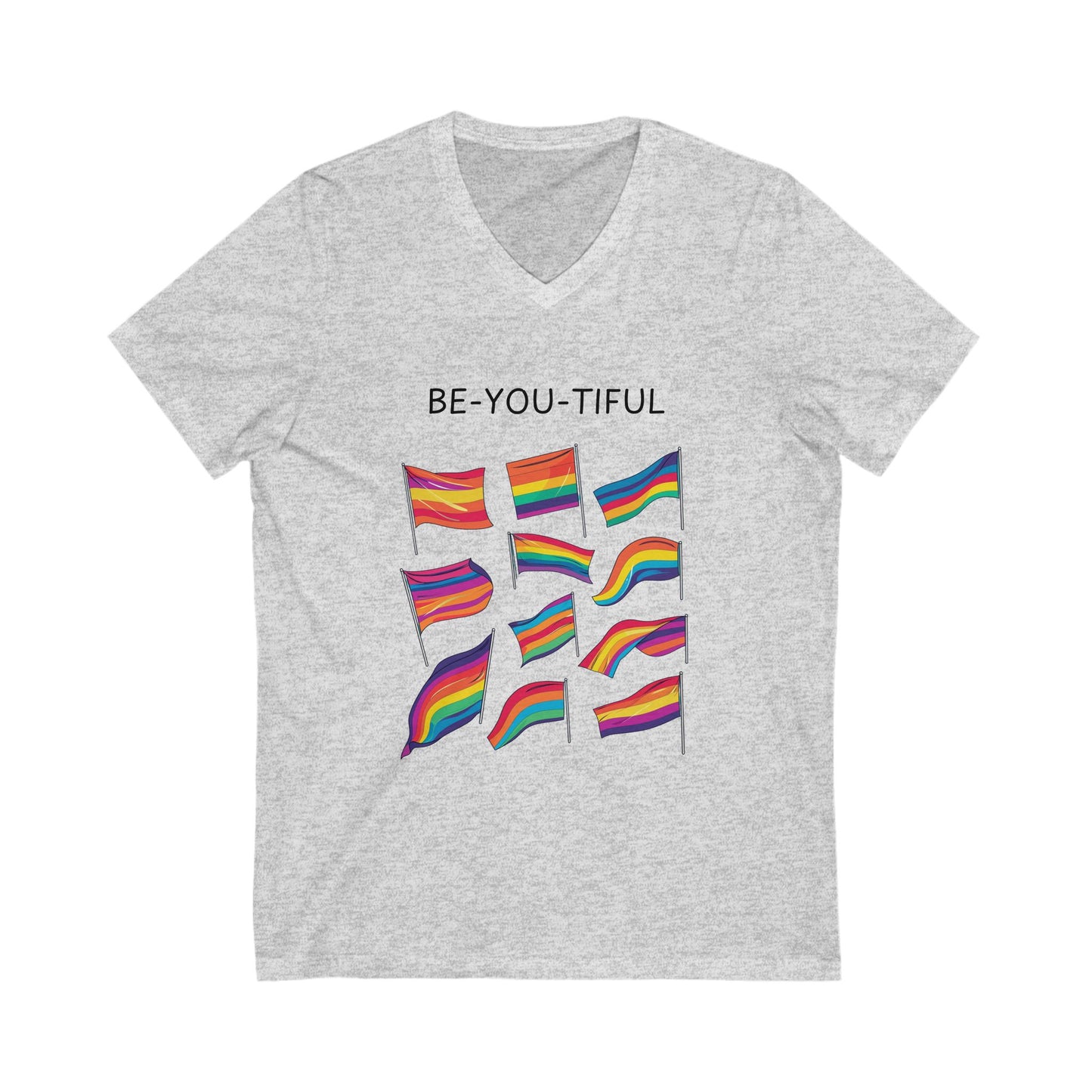 BE-YOU-TIFUL Pride Flag V-Neck T-Shirt | LGBTQ+ Rainbow Design | Inclusive Message Tee