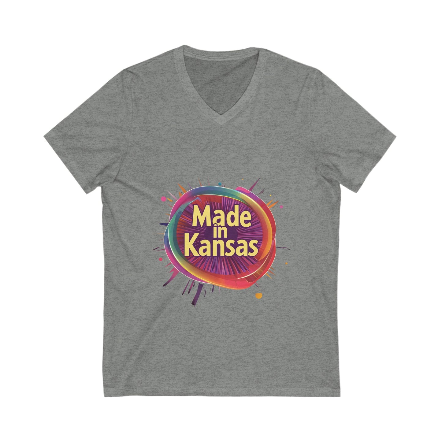 Made in Kansas Pride V-Neck T-Shirt | Retro Rainbow Circle Design | State Pride Tee