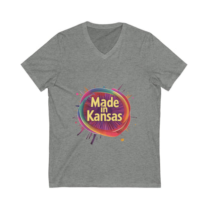 Made in Kansas Pride V-Neck T-Shirt | Retro Rainbow Circle Design | State Pride Tee