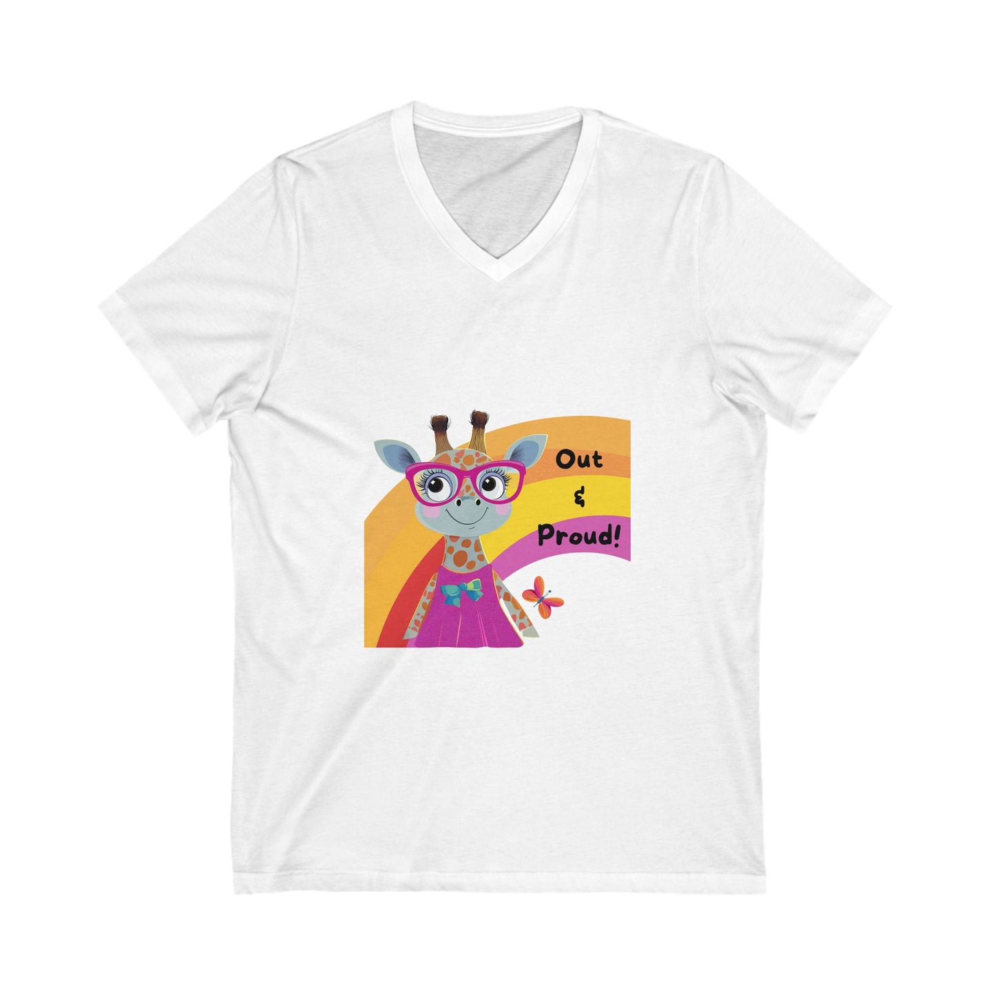 Kawaii Giraffe Pride V-Neck T-Shirt | LGBTQ+ Out & Proud Cute Animal Unisex Tee