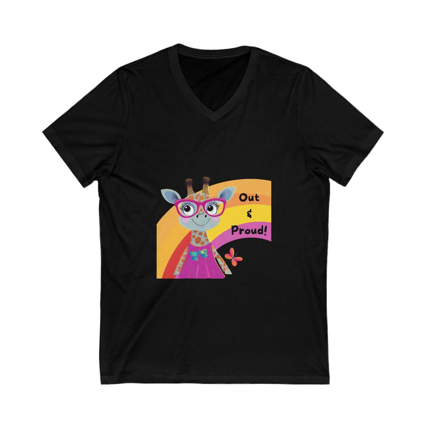 Kawaii Giraffe Pride V-Neck T-Shirt | LGBTQ+ Out & Proud Cute Animal Unisex Tee