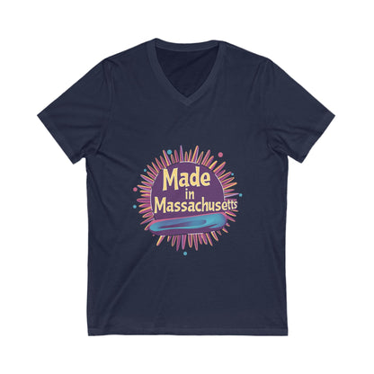 Made in Massachusetts V-Neck T-Shirt | Retro Burst Design | State Pride Unisex Tee