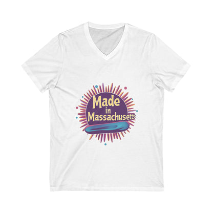 Made in Massachusetts V-Neck T-Shirt | Retro Burst Design | State Pride Unisex Tee