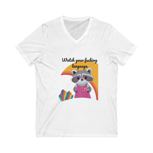 Watch Your Language Raccoon V-Neck Tee | Cute Activist Rainbow Pet Shirt