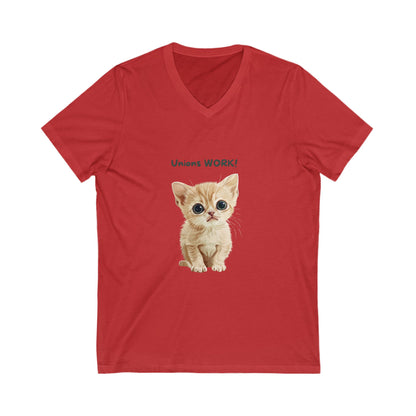 Unions Work Kitten V-Neck T-Shirt | Cute Activist Cat Labor Rights Tee